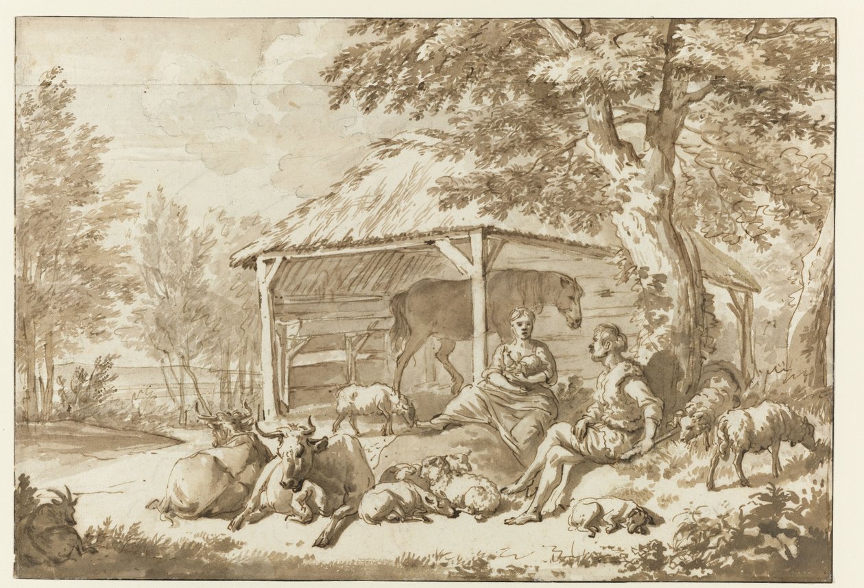 Et Hyrdepar med Kvæg nær et Skur Herdersidylle af Adriaen van de Velde