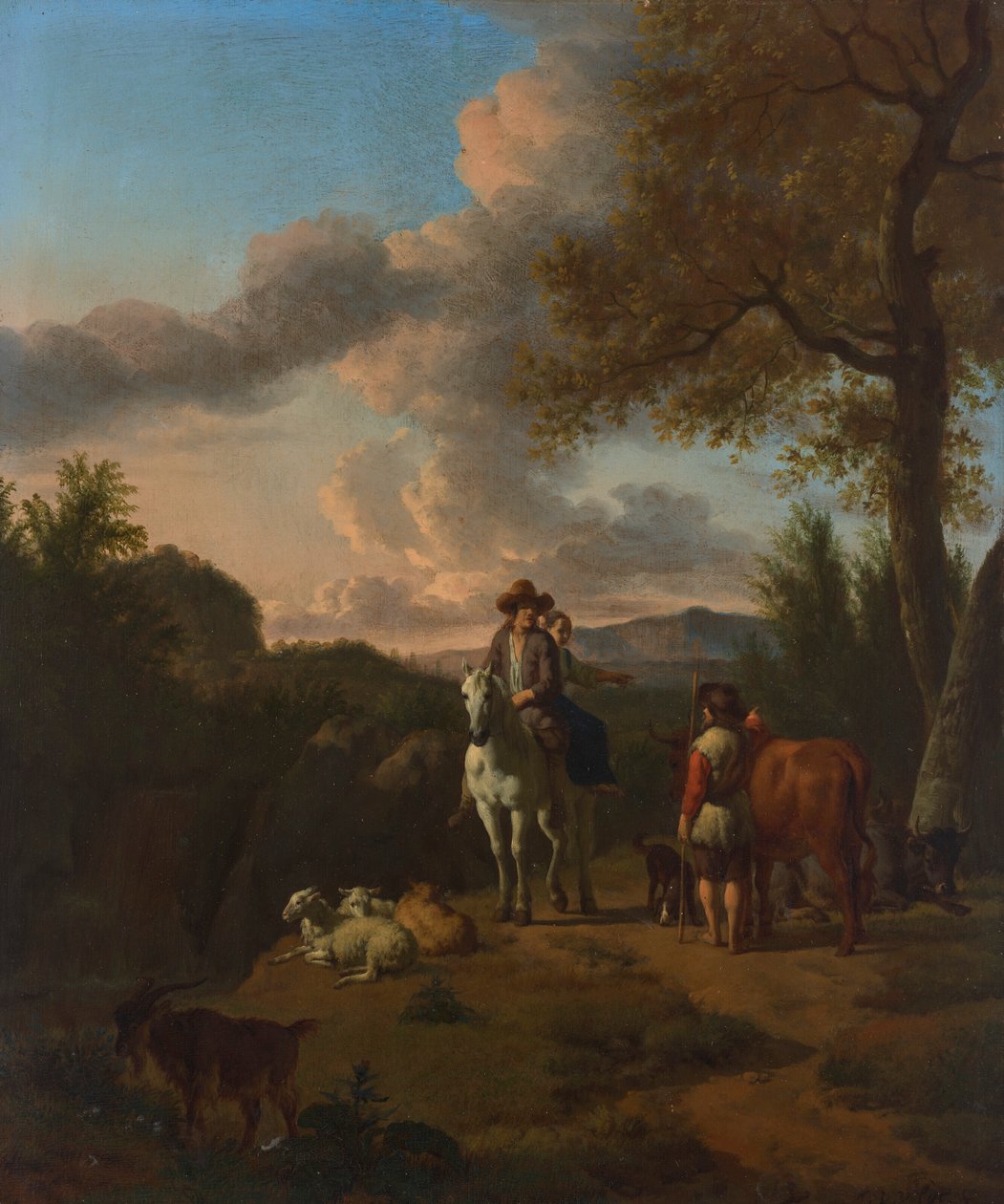 Et italiensk landskab med en mand og en kvinde på en hvid hest, der spørger en hyrde om vej. af Adriaen van de Velde