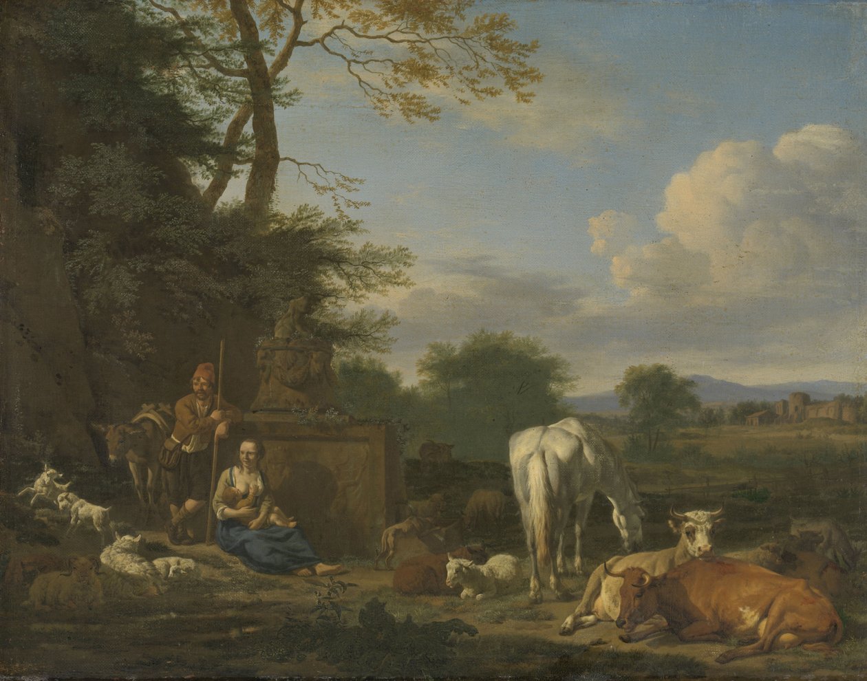 Arkadisk landskab med hvilende hyrder og dyr, 1664 (olie på lærred på panel) af Adriaen van de Velde