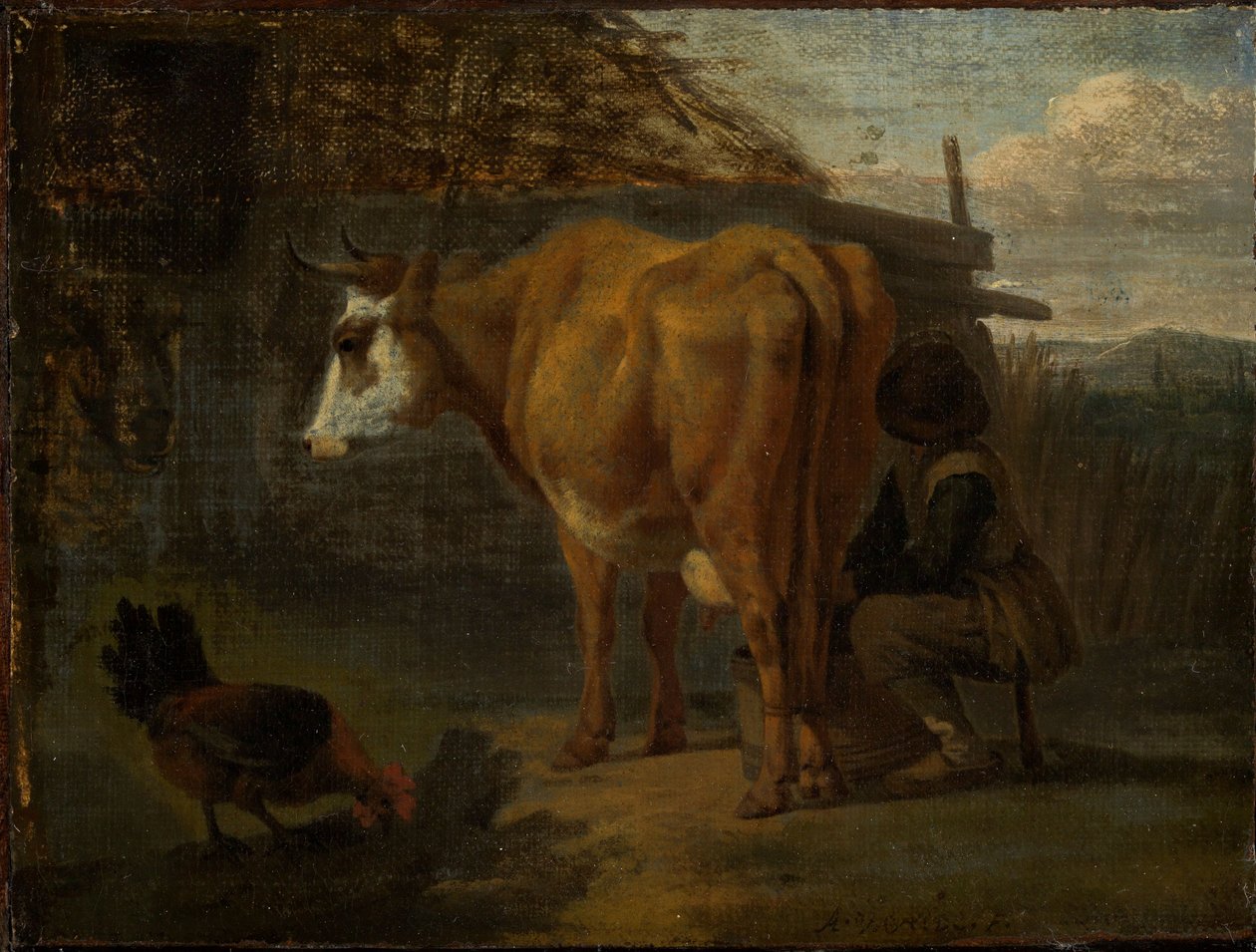 En hyrde malker en brun ko af Adriaen van de Velde