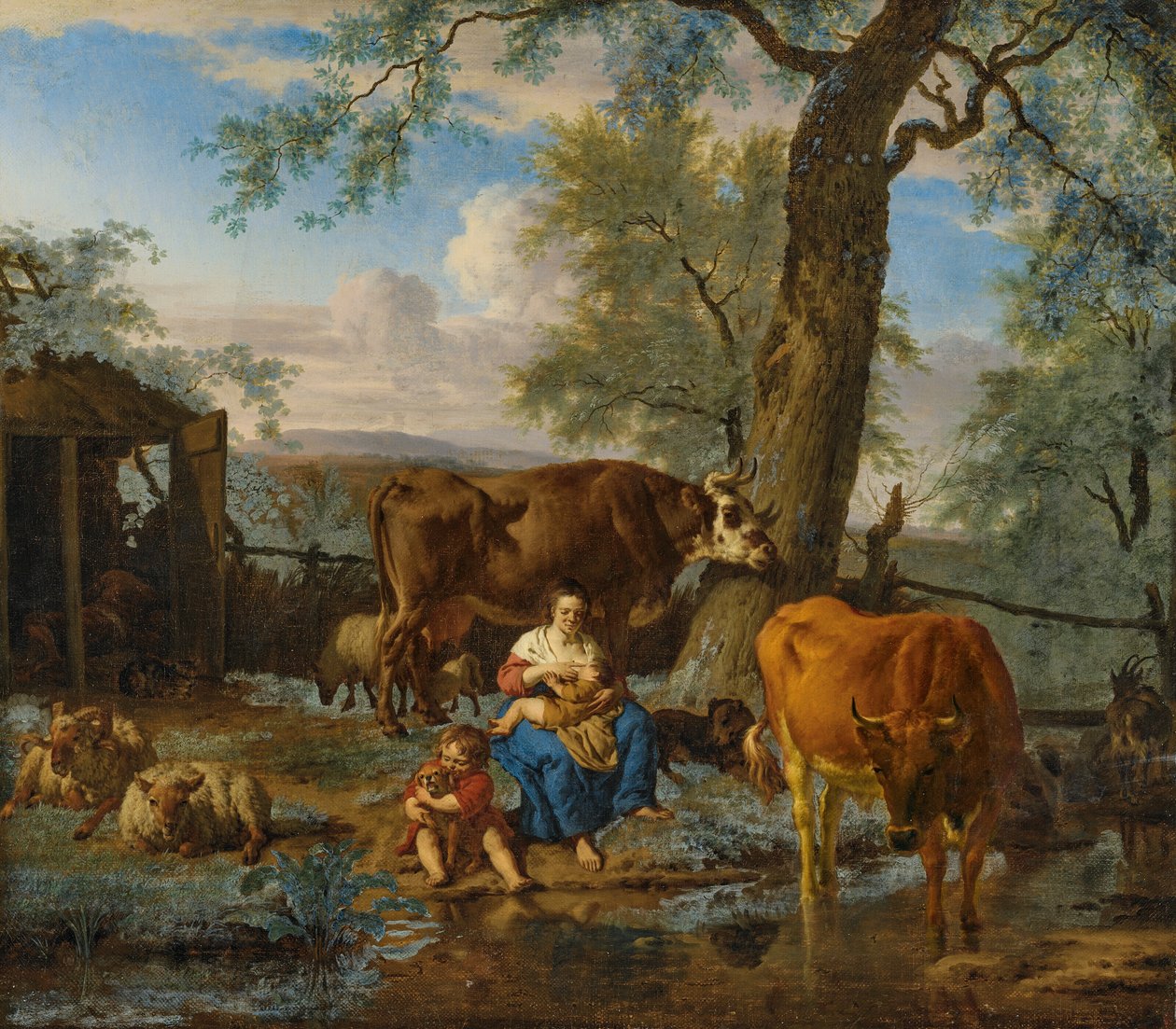 Kvæg med ammende kvinde og barn, der leger med en hund af Adriaen van de Velde