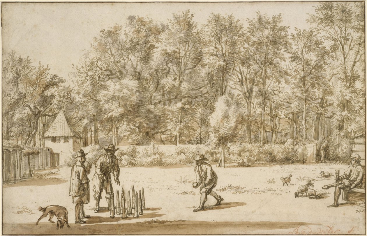 Tre mænd, der spiller kegler af Adriaen van de Velde