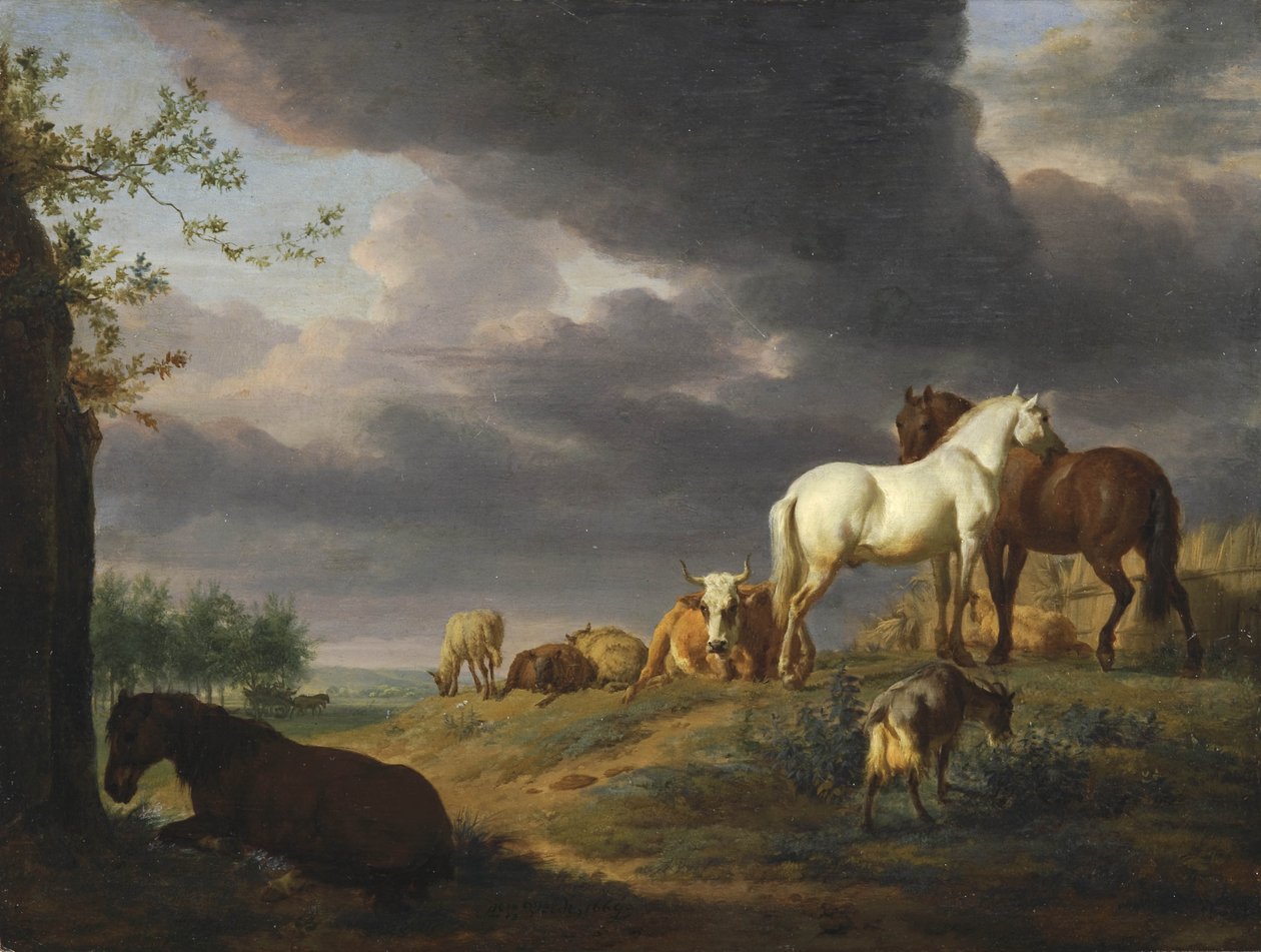 Hollandsk: Landskab med heste og andre husdyr Landskab med heste og andre husdyr af Adriaen van de Velde