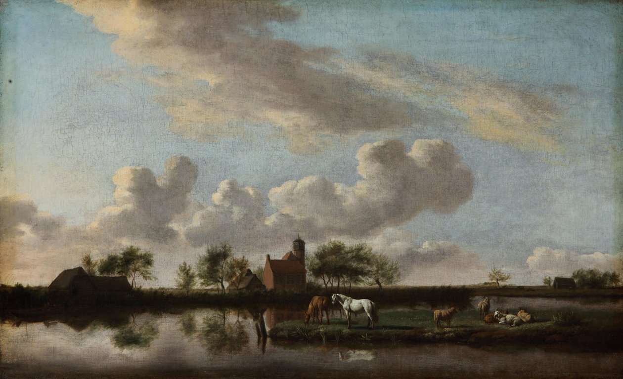 Fladt flodlandskab af Adriaen van de Velde