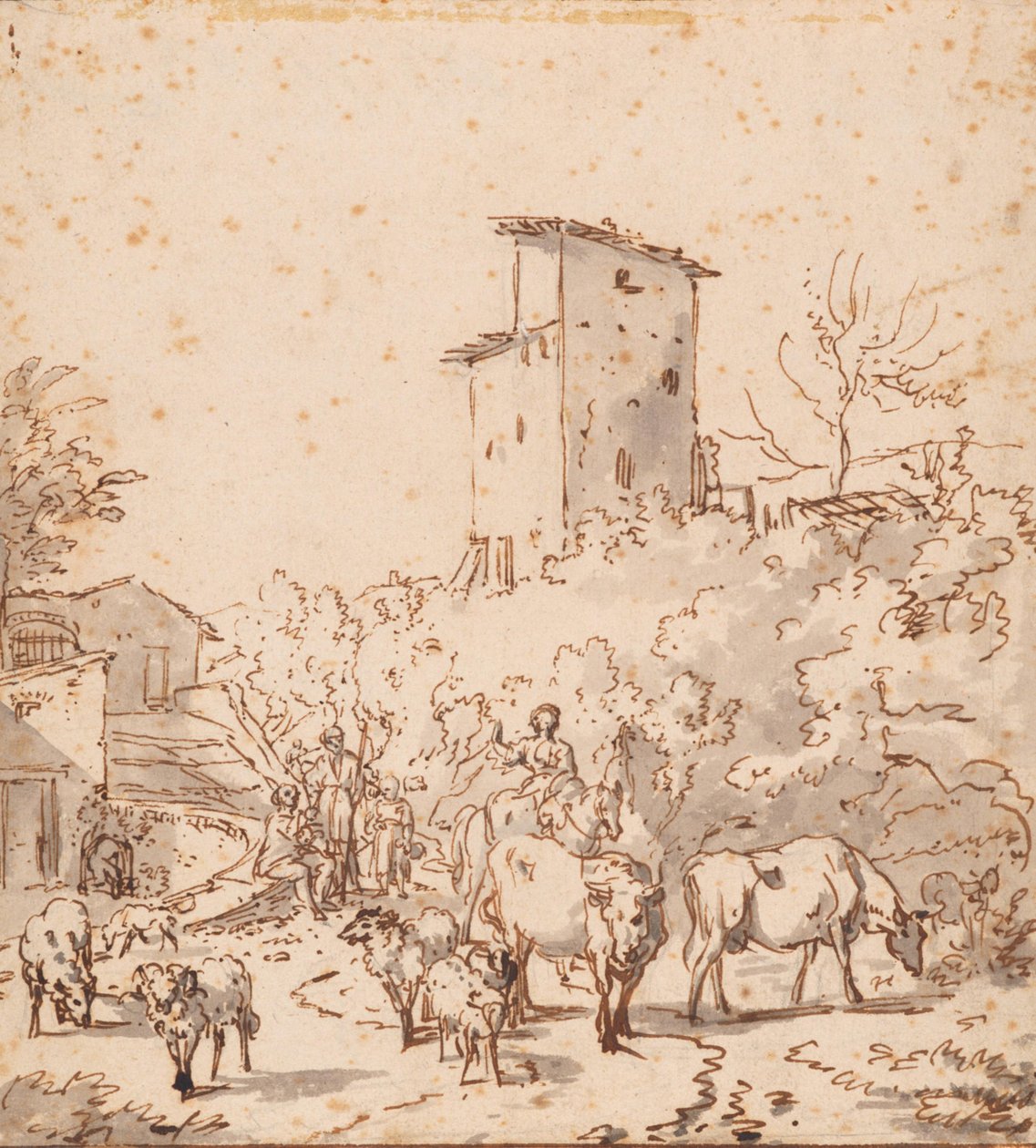 Italiensk landskab med mennesker og husdyr af Adriaen van de Velde