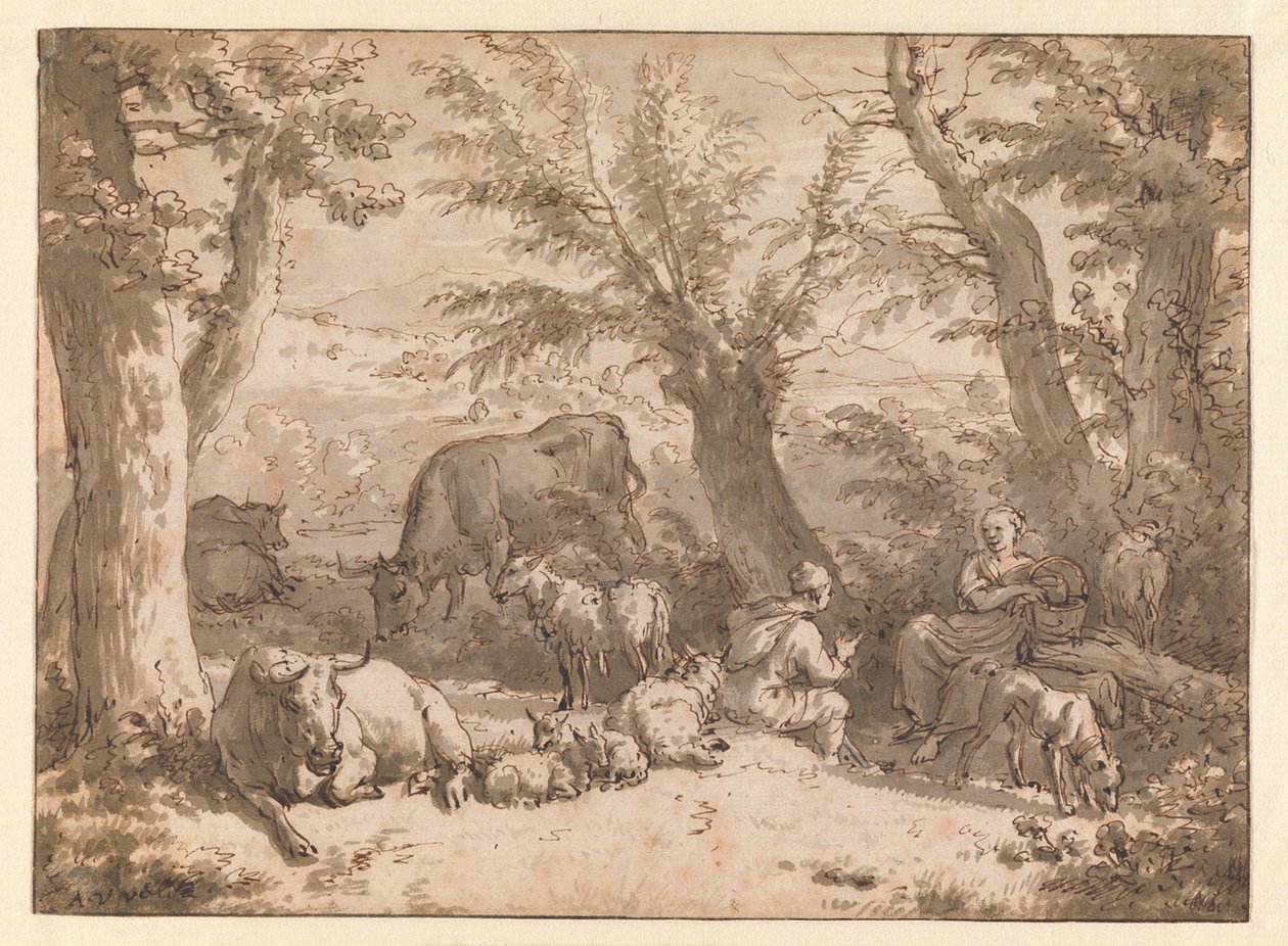 Landskab med hyrde, hyrdinde og kvæg af Adriaen van de Velde