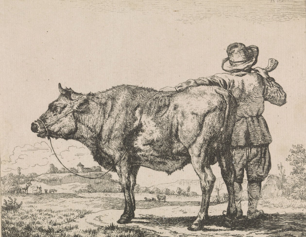 Mand stående med tyr af Adriaen van de Velde