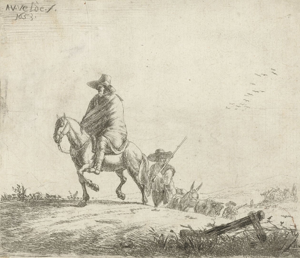 Rytter og hyrde med kvæg på en jordvej, 1653 af Adriaen van de Velde