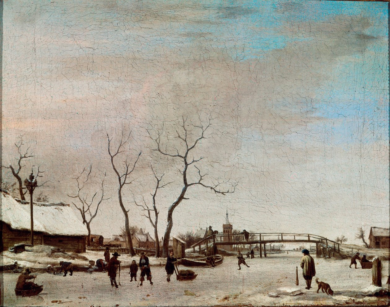 Riviere Gelee med skatere Maleri af Adriaen Van de Velde le jeune (1636-1672) 1668 Dim. 23x30 cm Paris, Musée du Louvre af Adriaen van de Velde