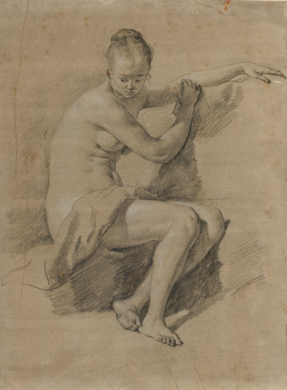 Siddende nøgen kvinde, ca. 1660-70 (sort-hvid kridttegning) af Adriaen van de Velde