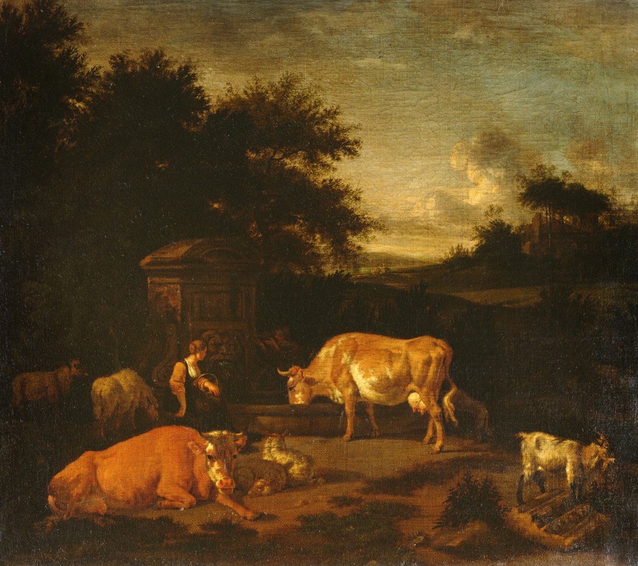 Hyrdinde og en chauffør med deres flokke ved en klassisk springvand i et skovklædt landskab af Adriaen van de Velde