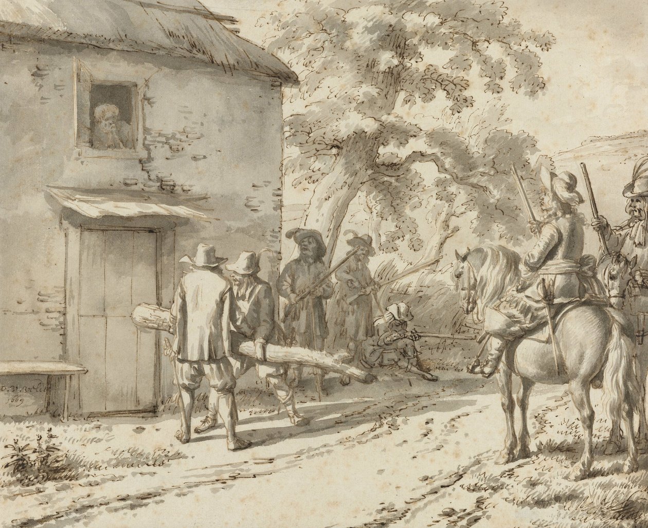 Soldater tvinger en dør, 1669 (pen- og blæktegning) af Adriaen van de Velde