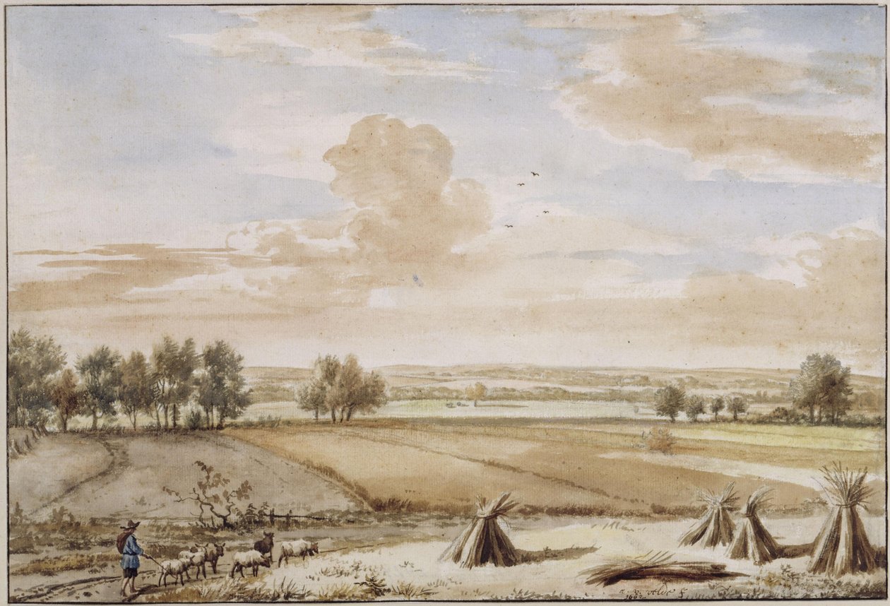 Sommerligt fladt landskab med modne kornmarker af Adriaen van de Velde