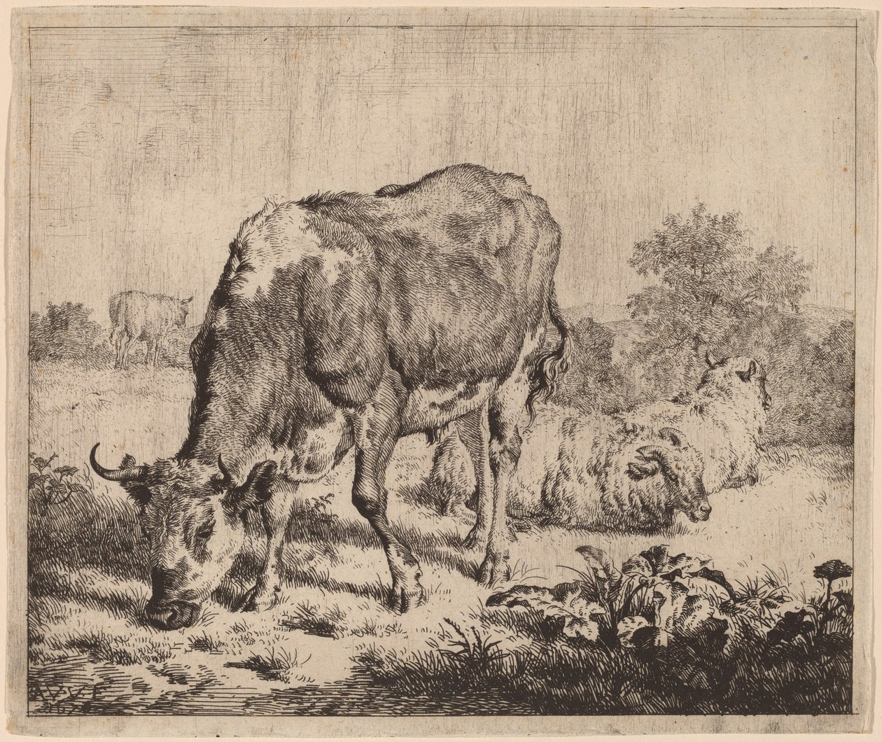 Plettet Tyr og Tre Får af Adriaen van de Velde