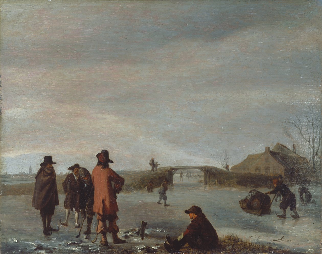 Vinterscene med en gruppe golfspillere på en frossen flod, ca. 1654-72 (olie på panel) af Adriaen van de Velde
