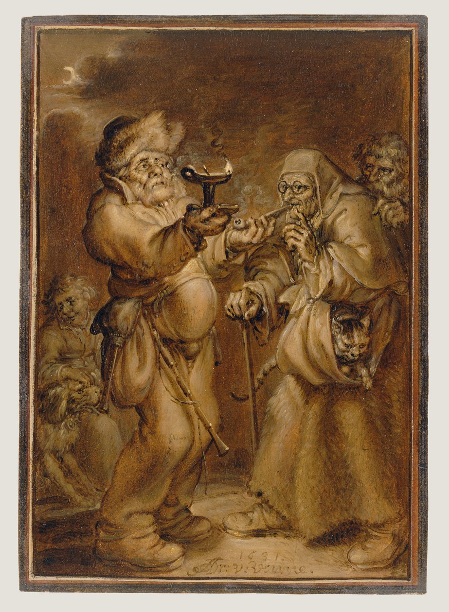 Moraliserende scene med en gammel kvinde og en mand af Adriaen van de Venne