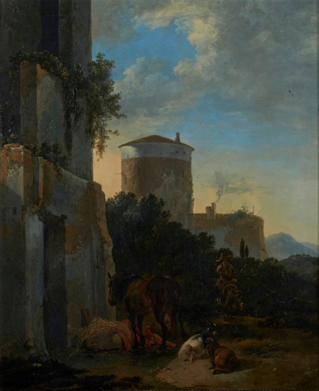 En italiensk landsbygade med en hest, geder og en mand på et æsel af Adriaen van der Cabel