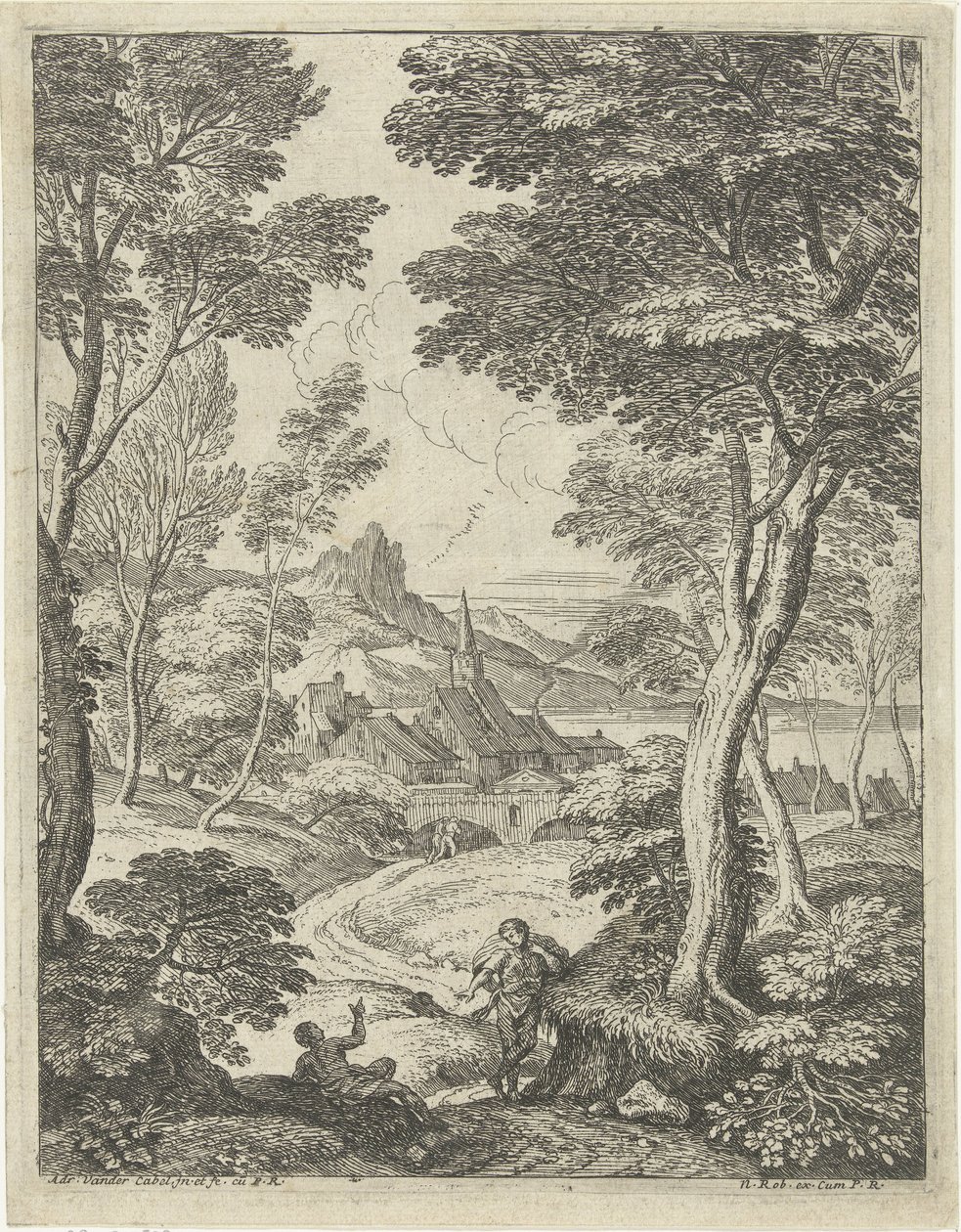 Landskab med et spidst tårn Landskaber med hyrder (serietitel) af Adriaen van der Kabel