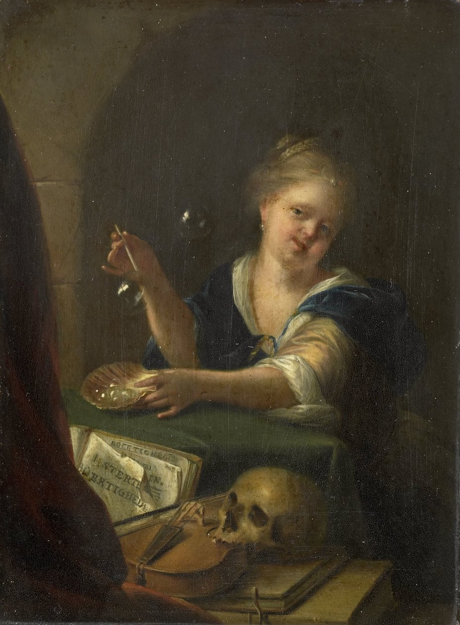 Boblesprængende pige med et Vanitas-stilleben af Adriaen van der Werff (manner of)