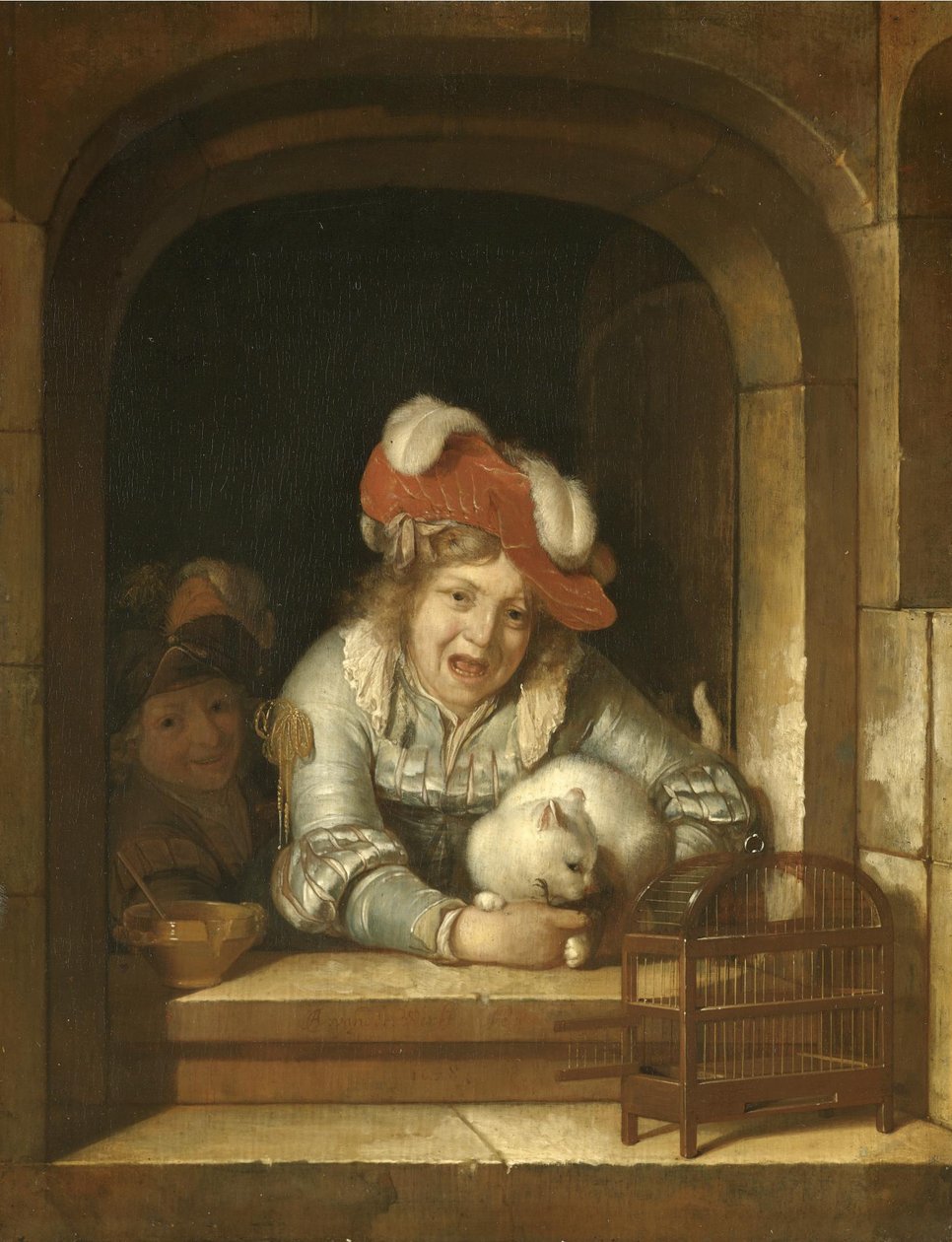 To børn leger med en kat med en fugl i kæberne af Adriaen van der Werff