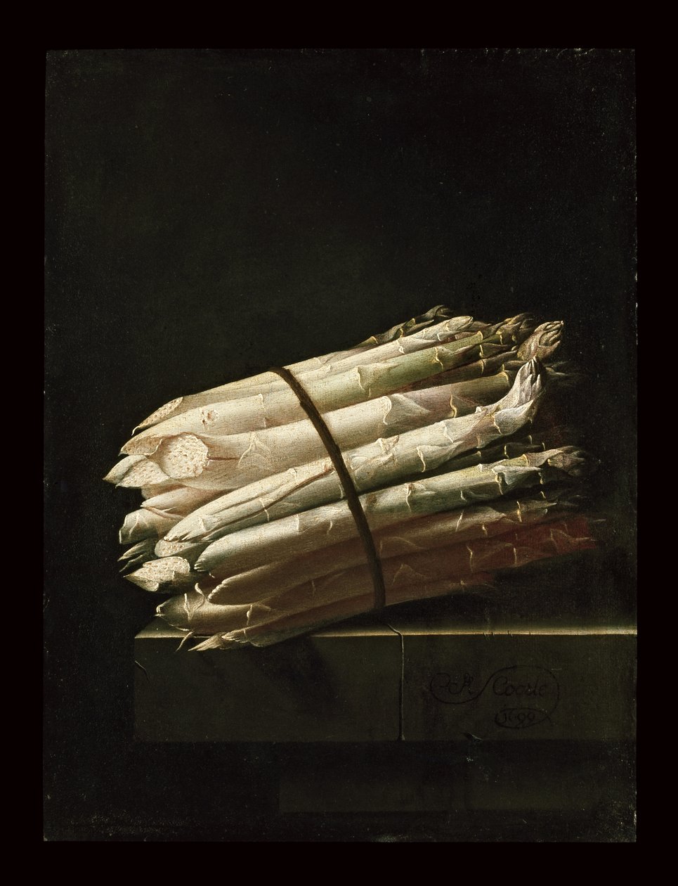 Aspargestilleben, 1699 (olie på papir lagt på panel) af Adrian Coorte
