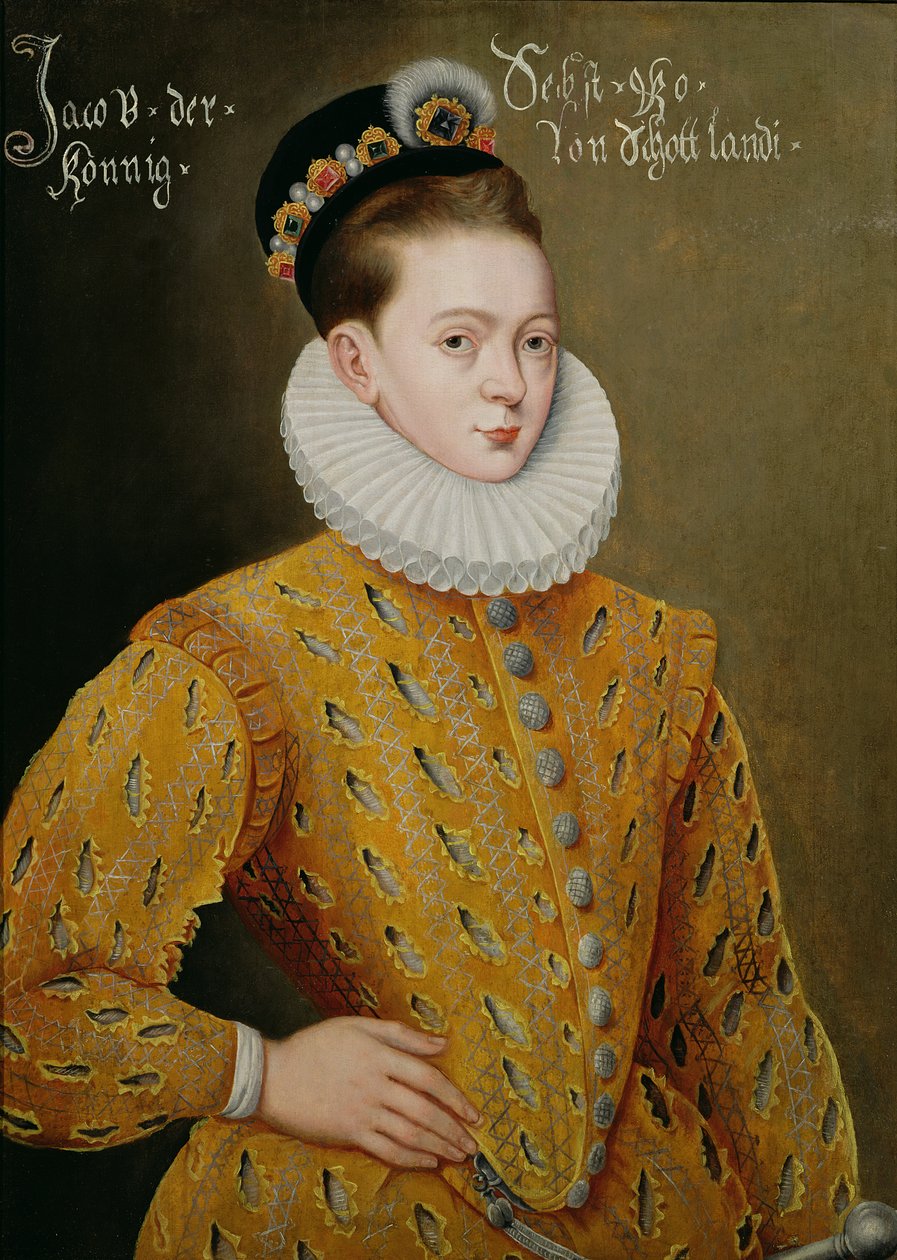 Portræt af James I af England og James VI af Skotland (1566-1625), foregav at være det ægteskabsportræt, der blev sendt til det danske hof for at forføre Anne, hans kommende hustru af Adrian Vanson