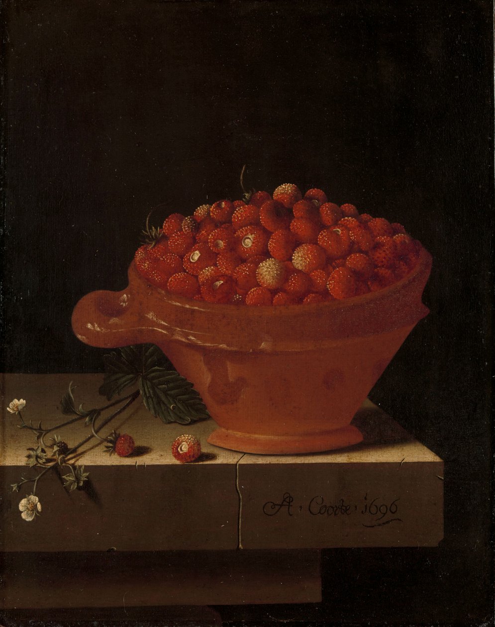 En skål med jordbær på en stensokkel, 1696 af Adrian Coorte