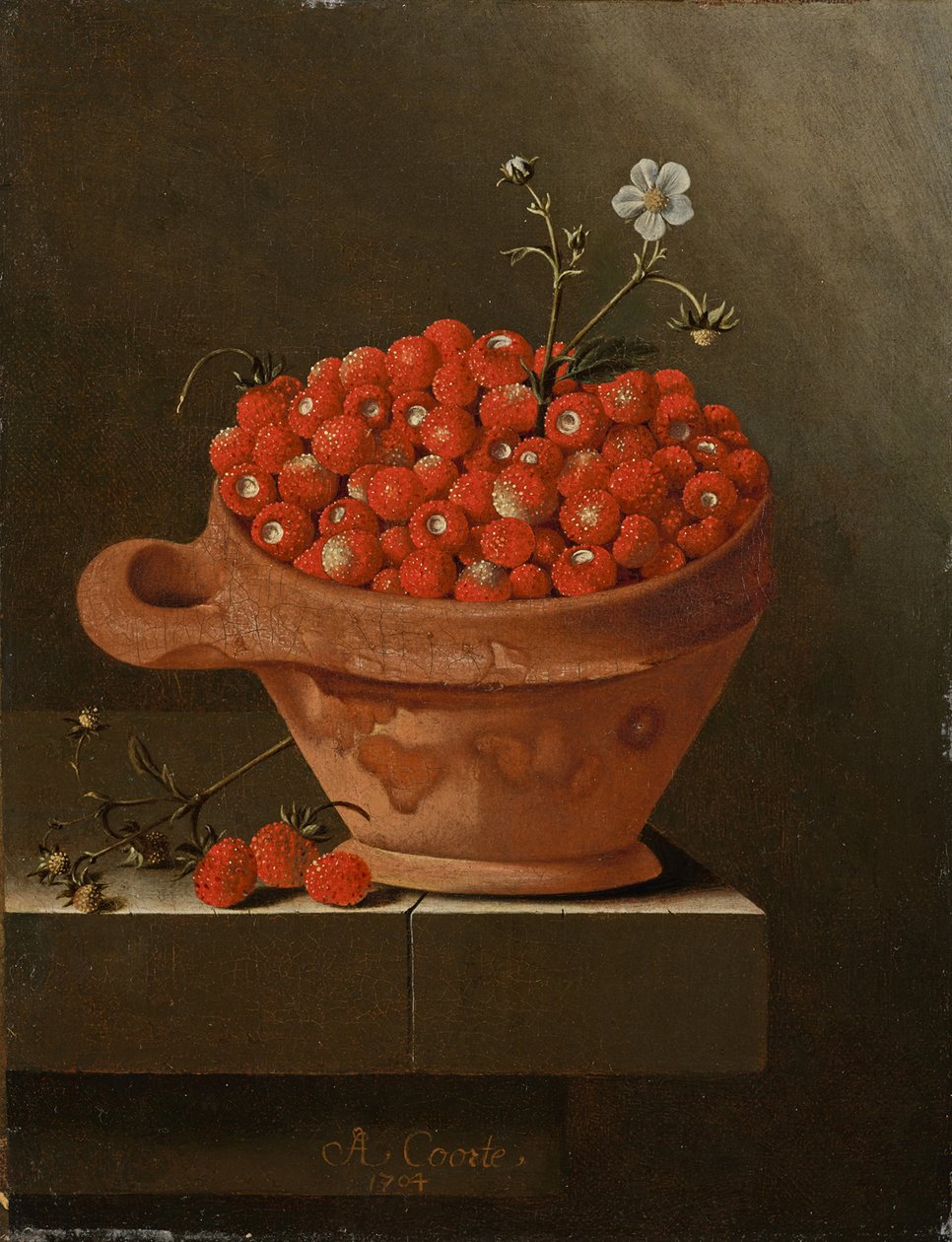 Stilleben med jordbær i en lerkrukke, 1704 af Adrian Coorte