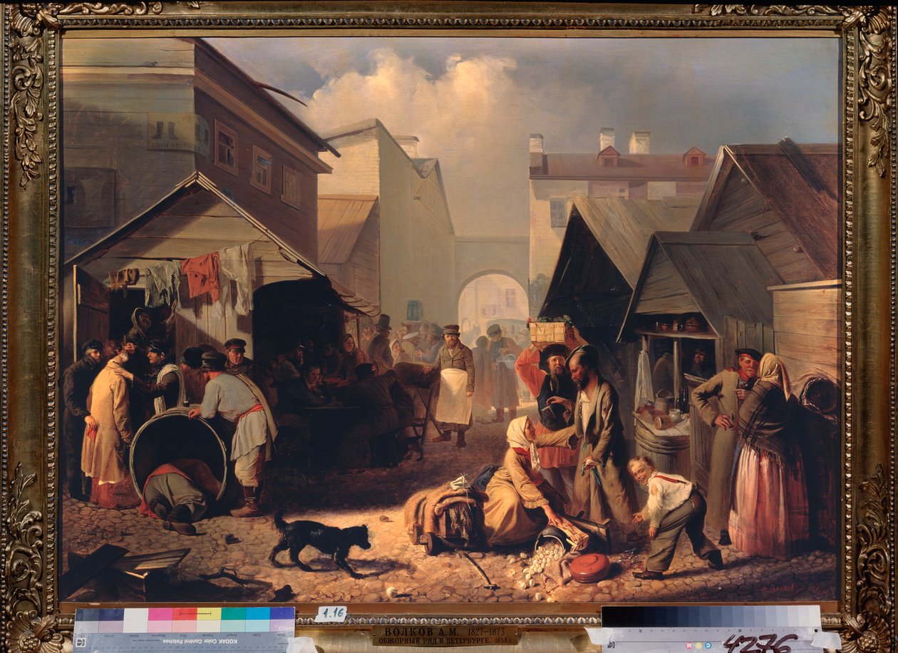 Buvette a Saint Petersburg (Refreshment Stall in St Petersburg) - Maleri af Adrian Markovich Volkov (1827-1873), olie på lærred af Adrian Markovich Volkov