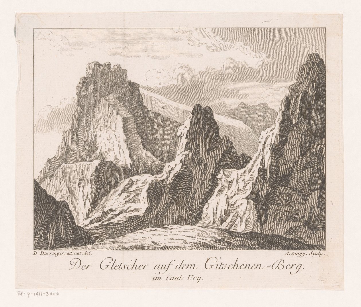 Udsigt over en gletsjer i Alperne Der Gletscher auf dem Gitschenen-Berg (titel på objekt) af Adrian Zingg