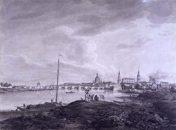 Udsigt over Dresden, ca. 1788 (blæk og vask over grafit på papir) af Adrian Zingg