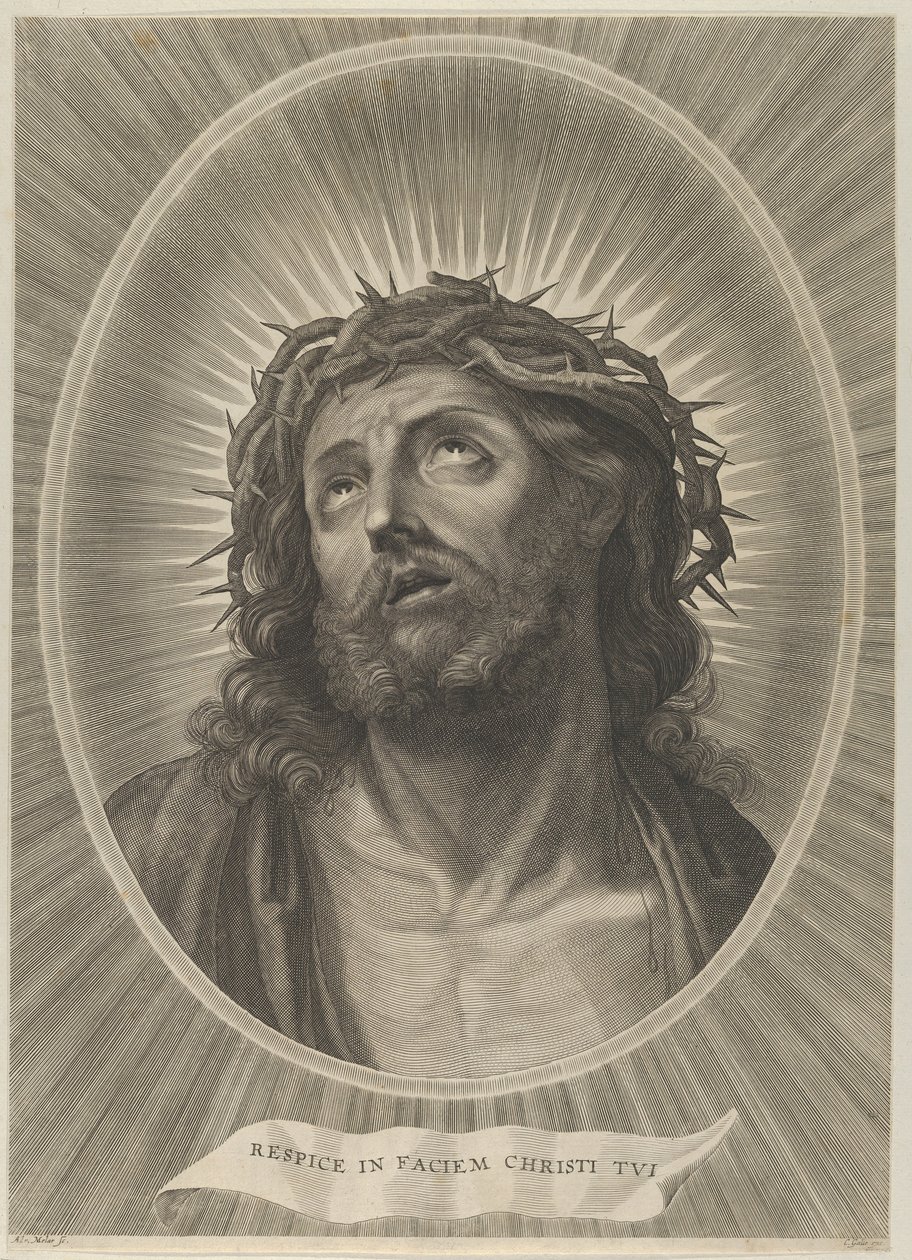 Kristi hoved ser op med tornekrone, i en oval ramme, efter Reni, ca. 1..., ca. 1653-67. af Adrian van Melar