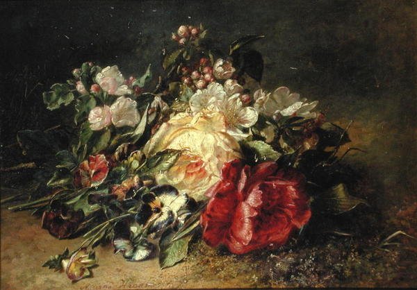 Stilleben med roser og stedmoderblomster (olie på lærred) af Adriana Joanna Haanen