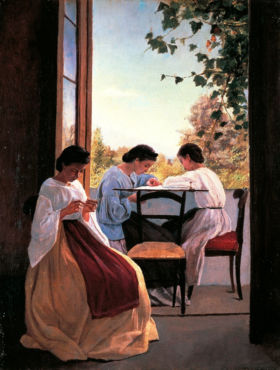 Broderierne af Adriano Cecioni (1836-1886), olie på lærred, 52x41 cm detalje af Adriano Cecioni
