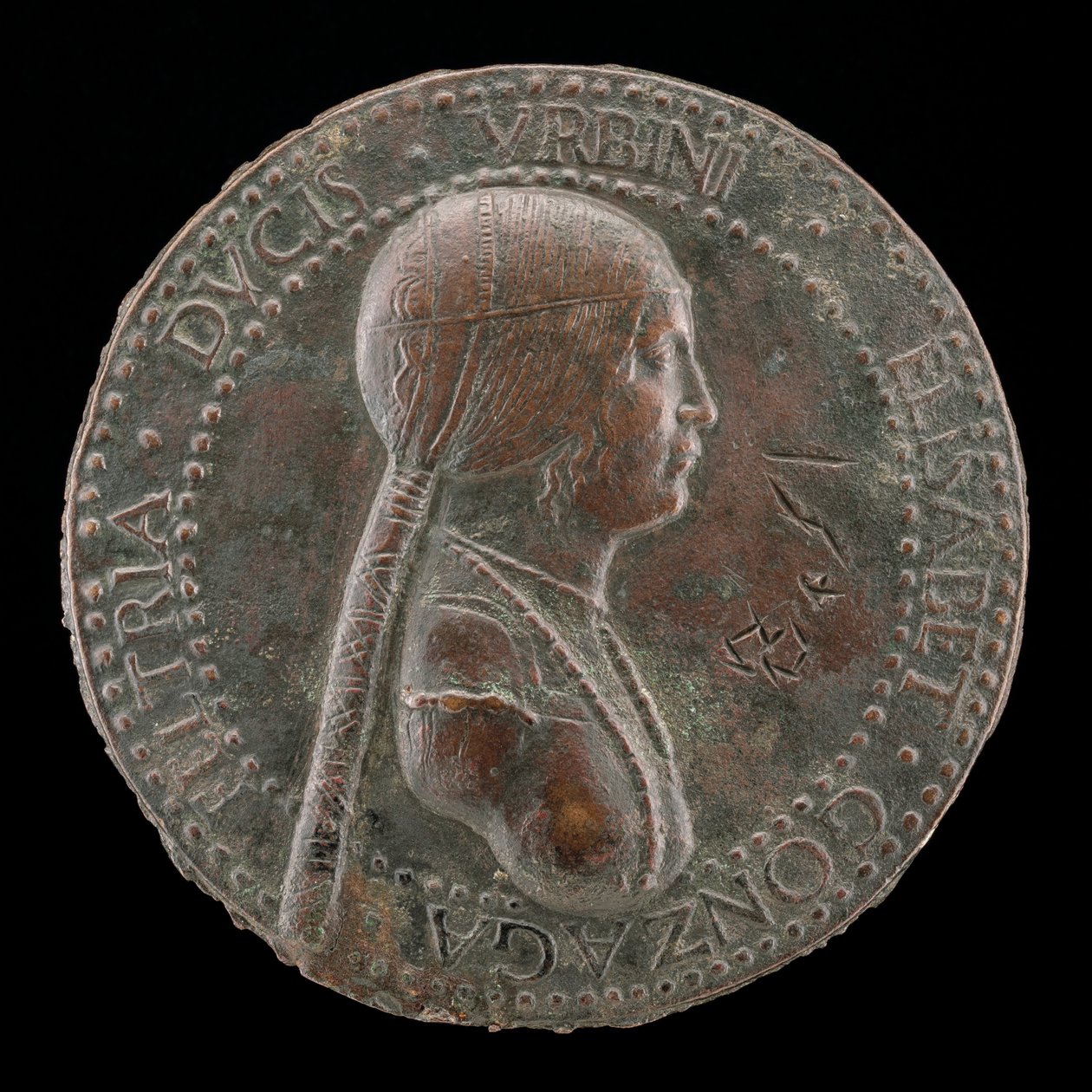 Elisabetta Gonzaga, død 1528, hertuginde af Urbino, hustru til Guidobaldo I 1489 [obv], sandsynligvis efter 15. af Adriano Fiorentino
