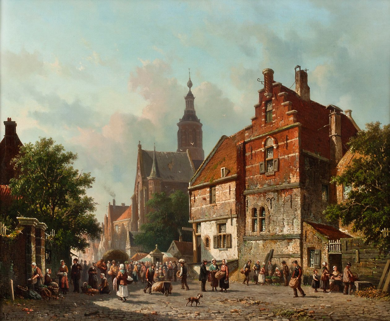 Et hollandsk marked om sommeren, 1800-tallet af Adrianus Eversen