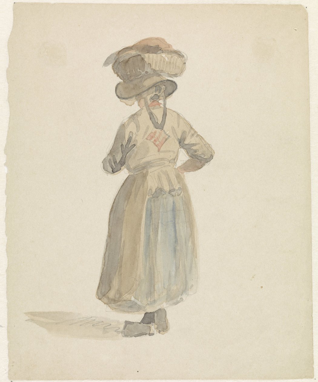 Figurstudie af en kvinde med en kurv på hovedet, bagfra af Adrianus Eversen
