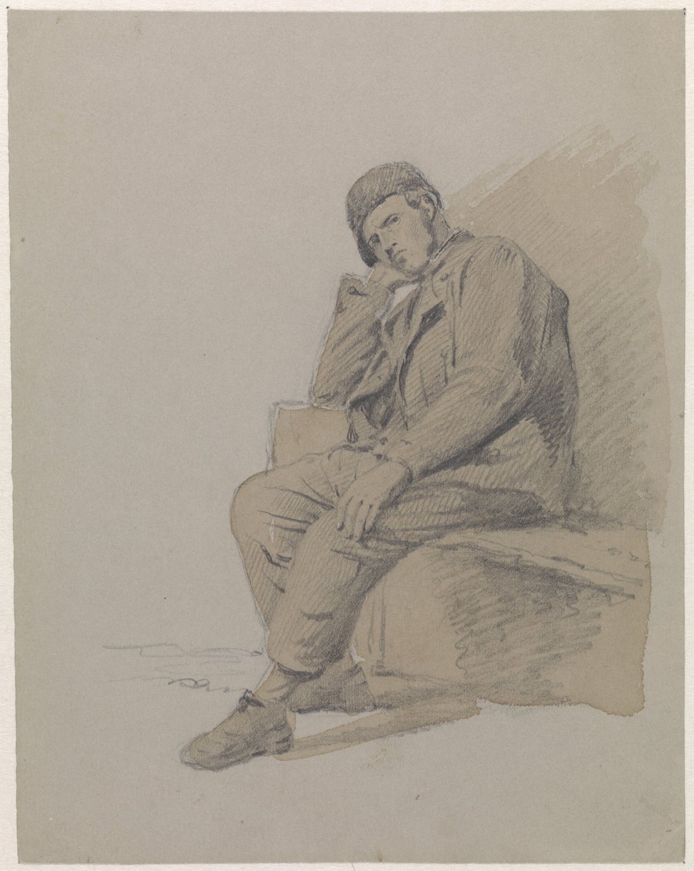 Figurstudie af en siddende mand med hat på af Adrianus Eversen