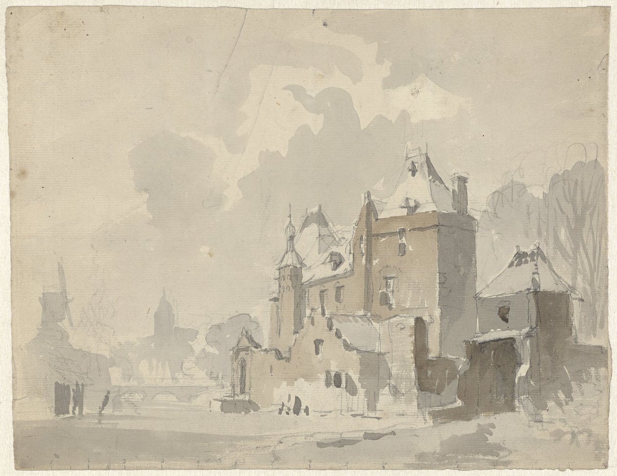 Udsigt over et forestillet(?) slot nær en by af Adrianus Eversen