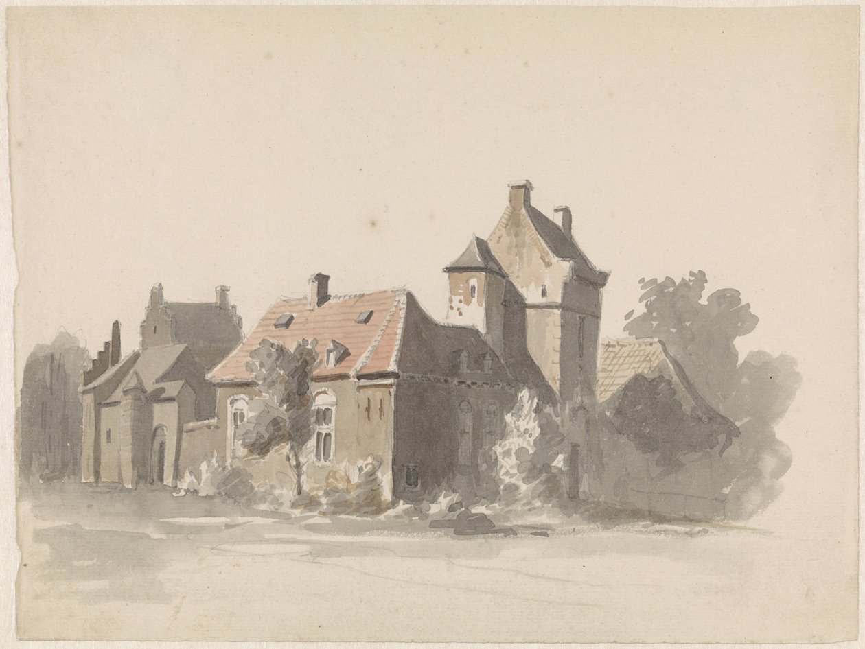 Udsigt over en gruppe huse med en byport(?) af Adrianus Eversen