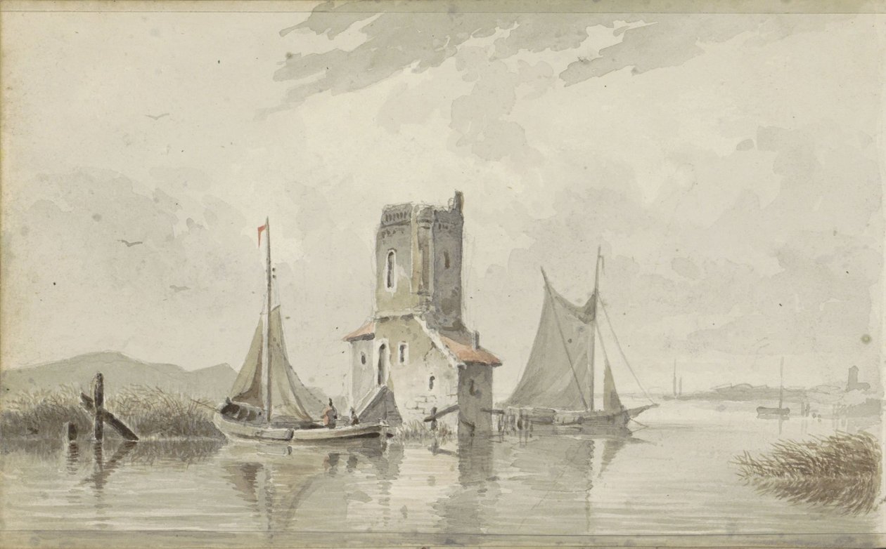 Flodlandskab med et tårn af Adrianus Eversen