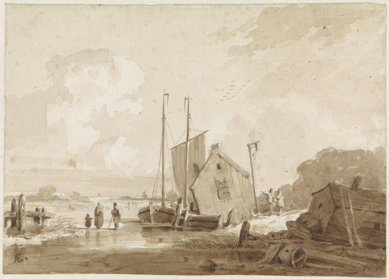 Vinterudsigt med figurer ved både ved et bådehus af Adrianus Eversen