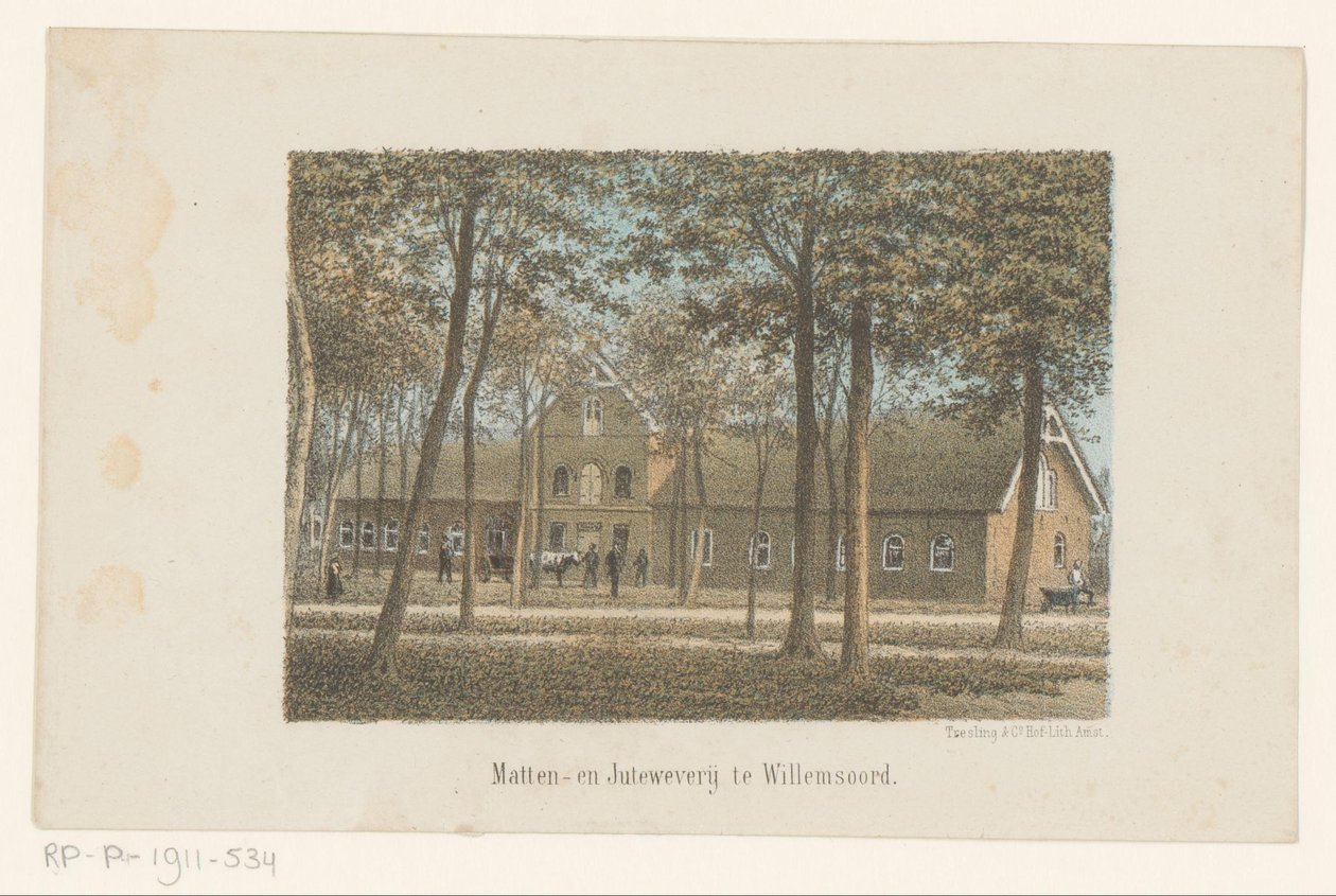 Udsigt over måtte- og jutevæveriet i Willemsoord Matt og Jute væveri i Willemsoord (titel på objekt) af Adrianus Hidde Heremiet Voorhorst (possibly)