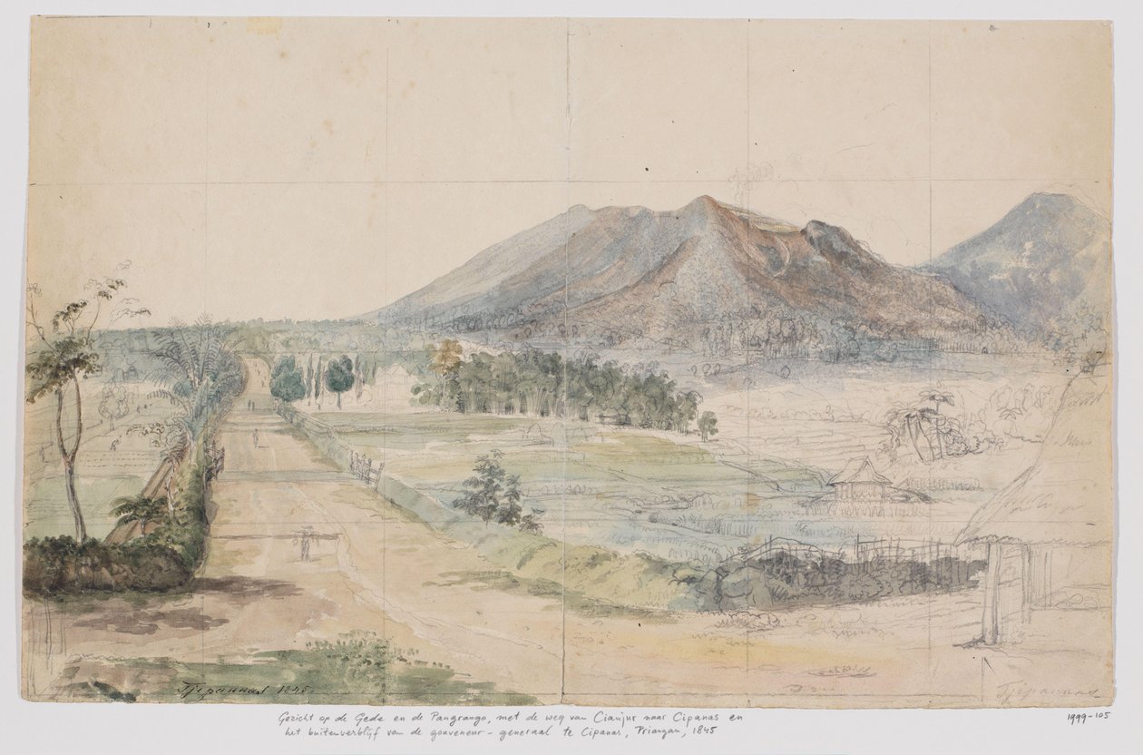 Udsigt over vulkanerne Gedé og Pangrango, vejen Cianjur-Cipanas og generalguvernørens residens i Cipanas, Priangan, West Java af Adrianus Johannes Bik