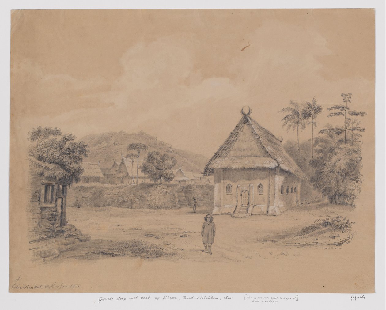Udsigt over landsby med kirke på Kisar, Sydmolukkerne af Adrianus Johannes Bik