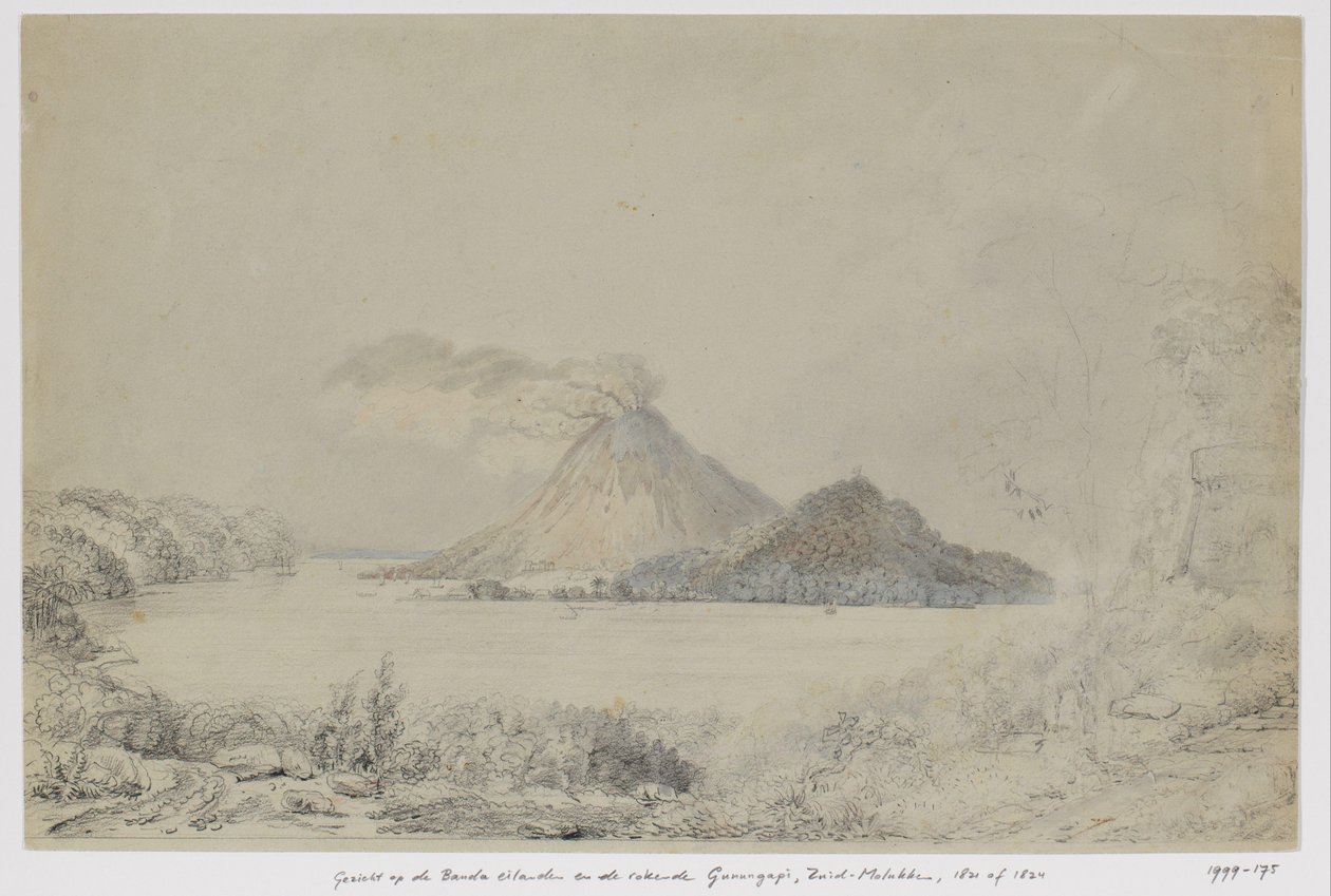 Udsigt fra Lontar på Banda Neira og rygning Gunungapi, Banda Islands, Central Maluku af Adrianus Johannes Bik