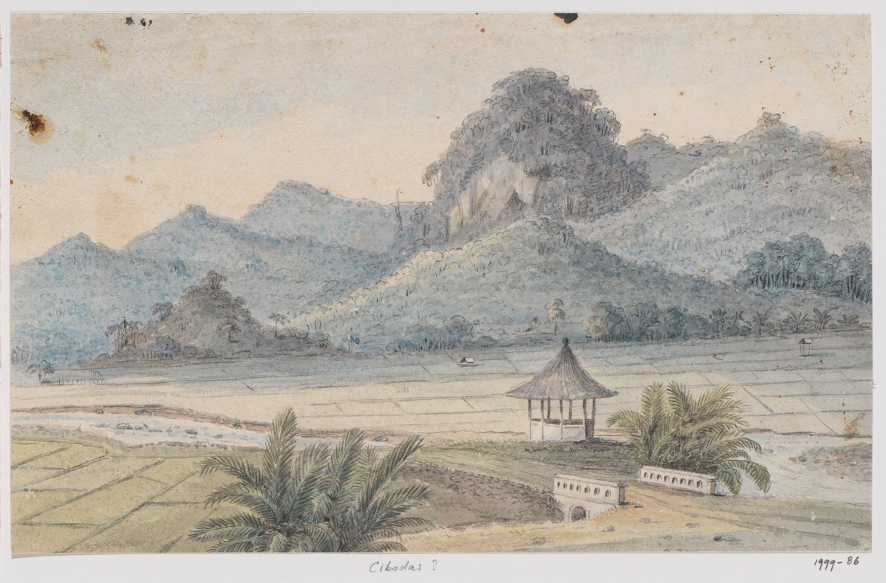 Landskab ved Cibodas med bro og pavillon, West Java af Adrianus Johannes Bik