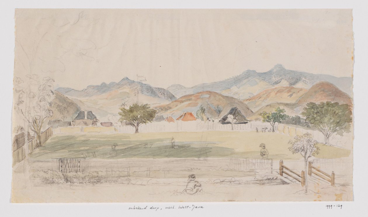Landskab og udsigt over huse og landsbytorv, West Java af Adrianus Johannes Bik