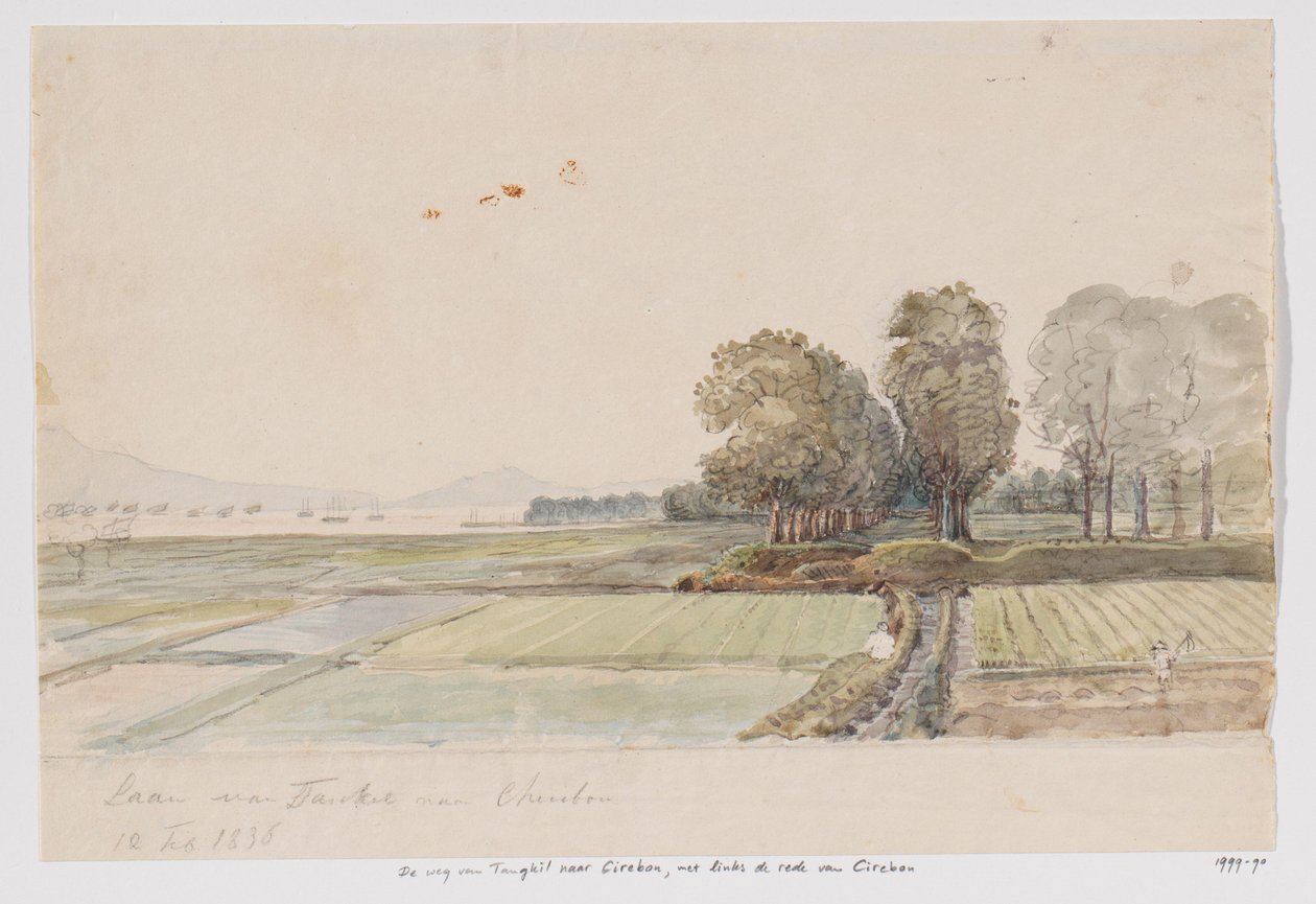 Landskab med vej fra Tangkil til Cirebon og udsigt over rederiet (ankeret) i Cirebon, West Java af Adrianus Johannes Bik