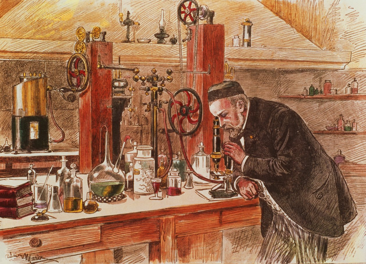Louis Pasteur eksperimenterer i sit laboratorium for at helbrede vandskræk i sit laboratorium, ca. 1885, udgivet ca. 1895 (tryk) af Adrien Emmanuel Marie